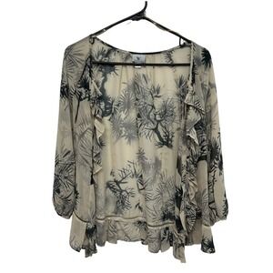 Worthington Sheer Floral Ruffle Blouse L Beige Black Romantic Vintage Layering